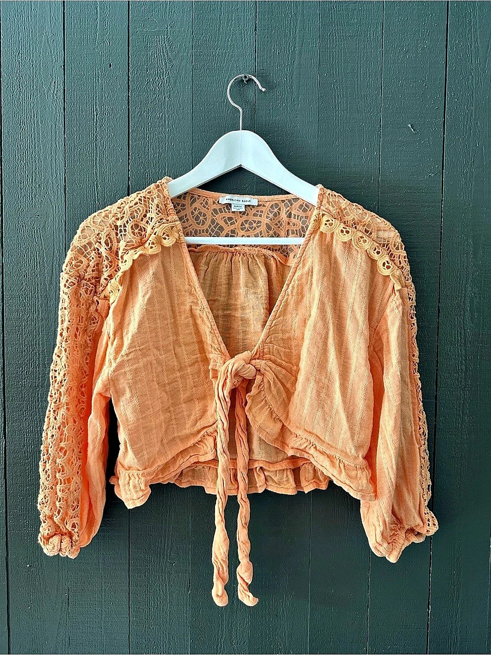 American Eagle Tie-Front Crochet Sleeve Cropped Blouse